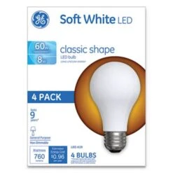 Ge Classic LED Soft White Non-Dim A19 Light Bulb, 8W, 4/Pack (GEL99190)